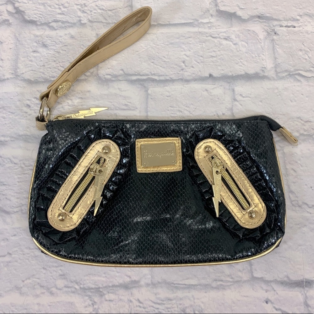 Betsey Johnson Betseyville Wristlet Black gold Ruffle Lightening
